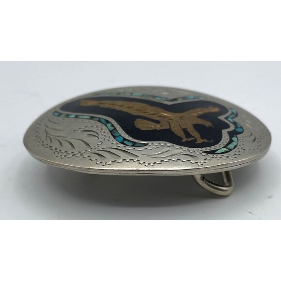 Trinity Buckle Co Soaring Eagle Western Belt Buckle Turquoise Inlay Silver Plate - Picture 3 of 9